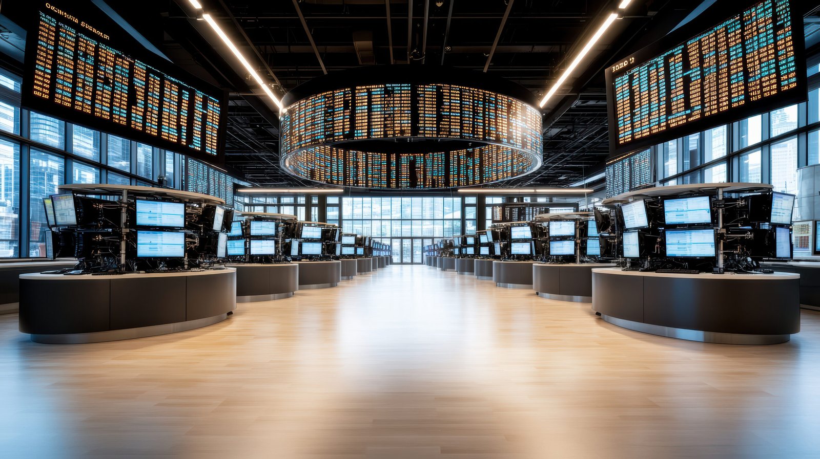 A modern stock exchange trading floor with multiple screens and LED displays