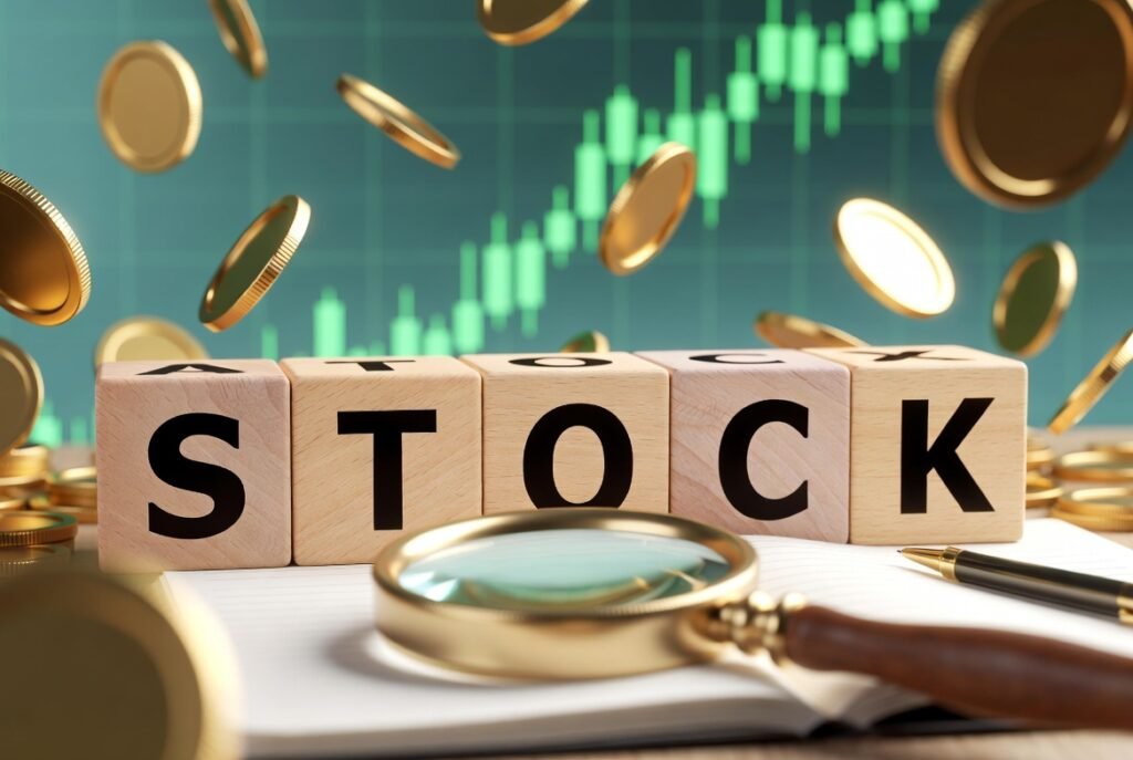 Wooden blocks spelling STOCK placed next to financial reports in a office environment.