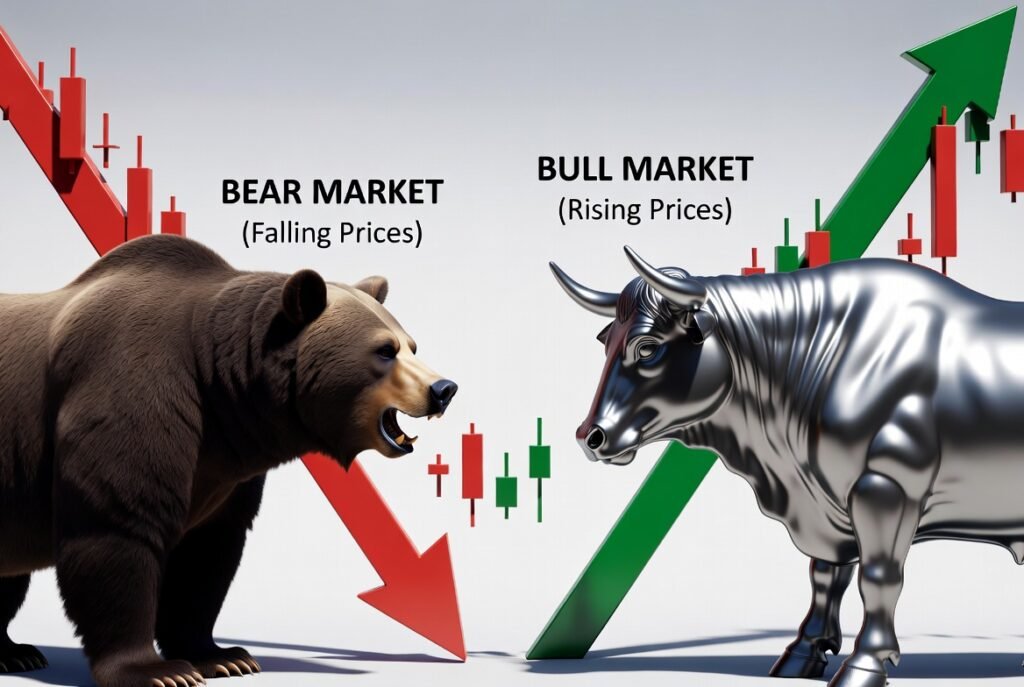 Stock market bull vs bear graph stock market graph trading investment financial stock exchange financial stock graph chart business crisis crash loss grow up gain profits win up trend bullish bearish.