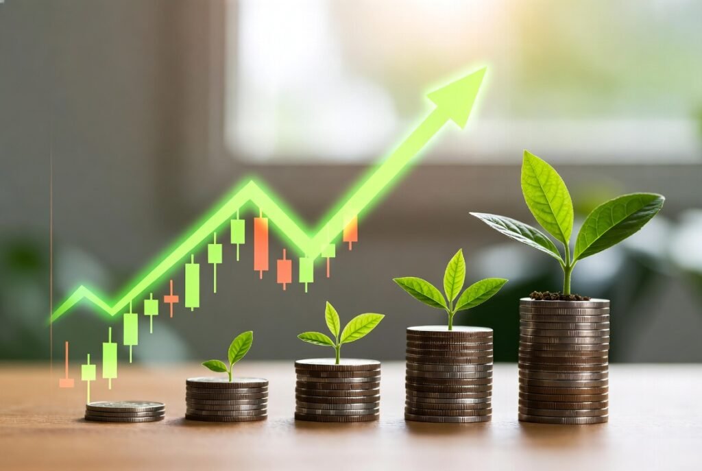Coin stacks and growing plants symbolize financial growth visualized by a rising chart Use this for investment and sustainable business concepts