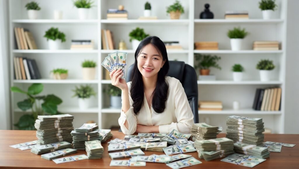 A young girl sits comfortably at her desk, taking a quiet moment to admire the money she has earned.