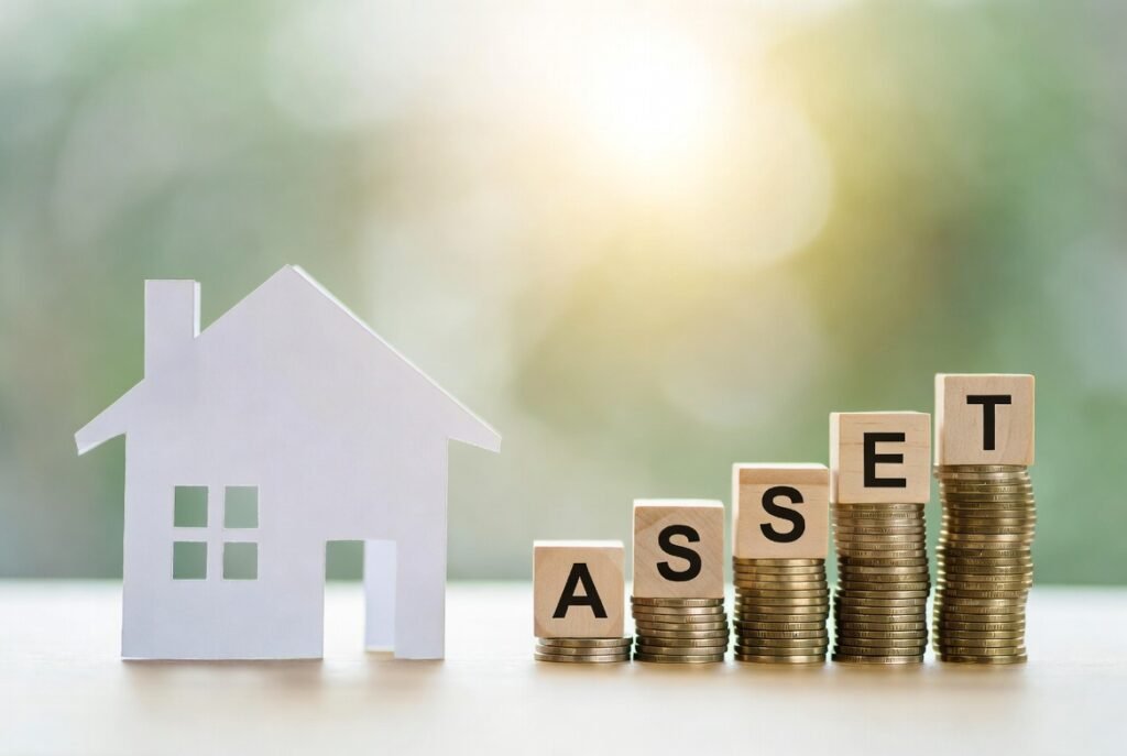 Growing Assets and Wealth Concept with House and Stacked Coins. 