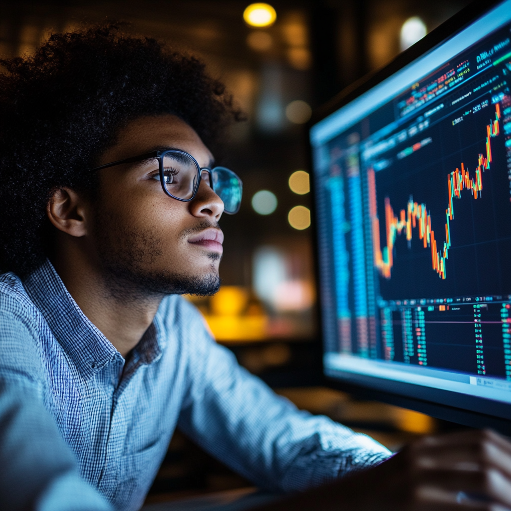 Young man analyzing stock market data.