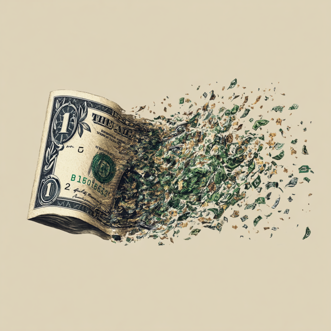 Dollar bill disintegrating into fragments.